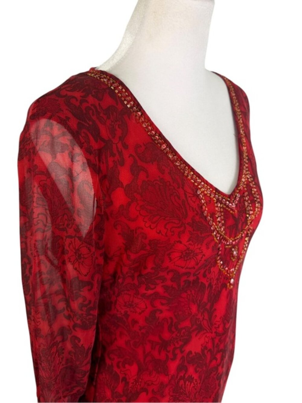 Separates NYC Red Damask Beaded Sheer Tunic Blouse Bell Sleeve Boho M/L - Picture 3 of 9